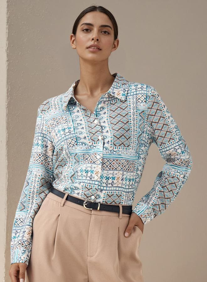 White Viscose Printed Collar Shirt Regular Fit - Image 1
