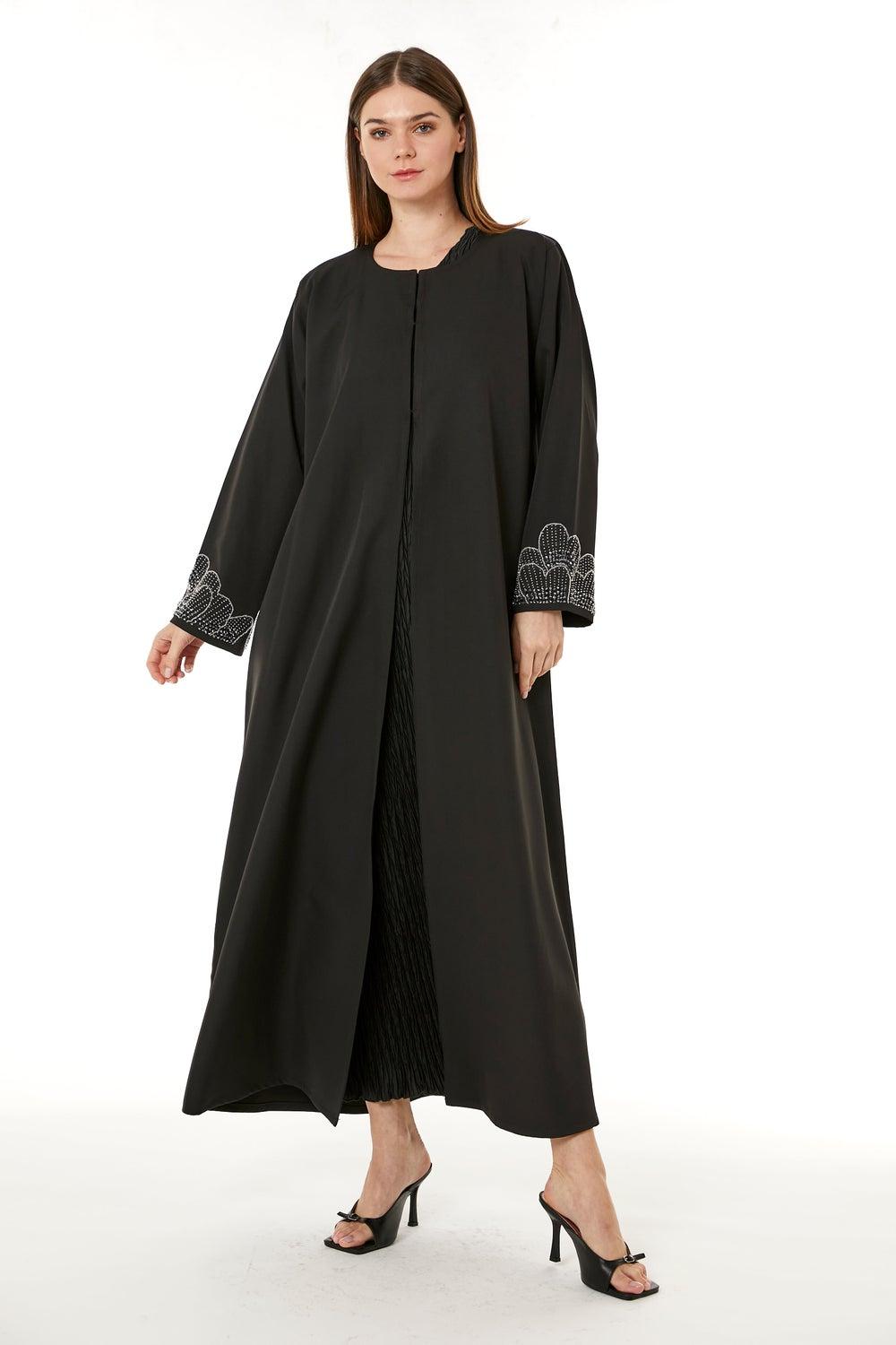 Black Embellished Crew Neck Evening Abaya - Image 1
