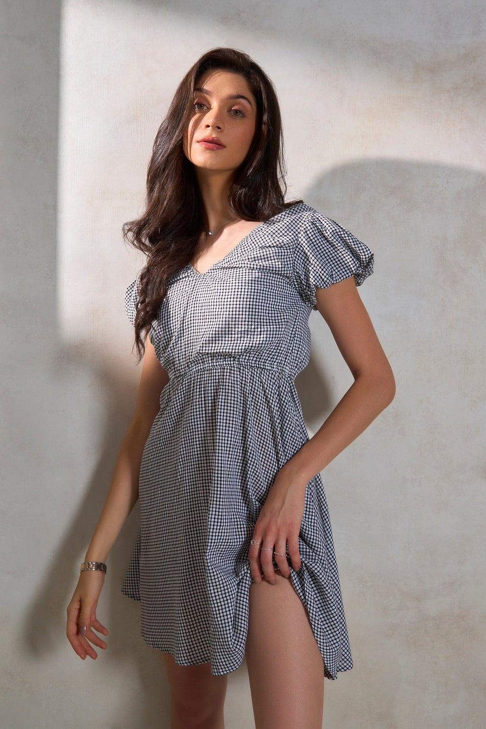 Gingham Puff Sleeve Mini Dress 62044200 - Image 1
