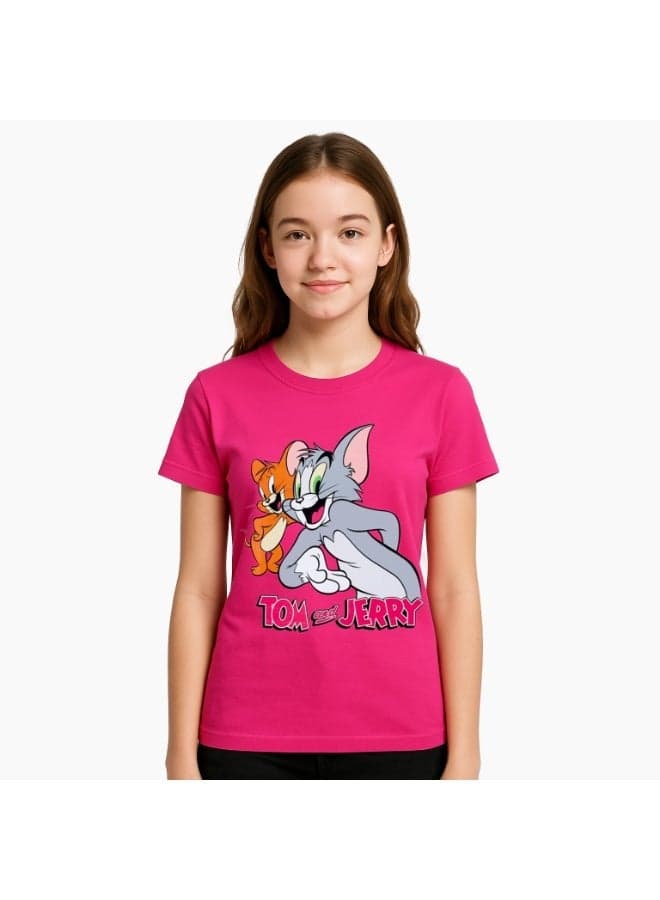 Tom & Jerry Girls Pink Cotton Graphic T-Shirt - Image 1