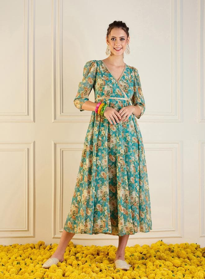 Blue Floral Wrap Midi Dress 7010695003 - Image 1