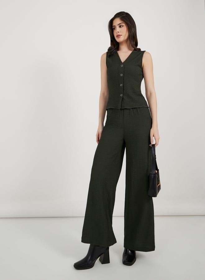 Styli Ribbed Wide Leg Pants Elastic Waist Olive Green - Image 1