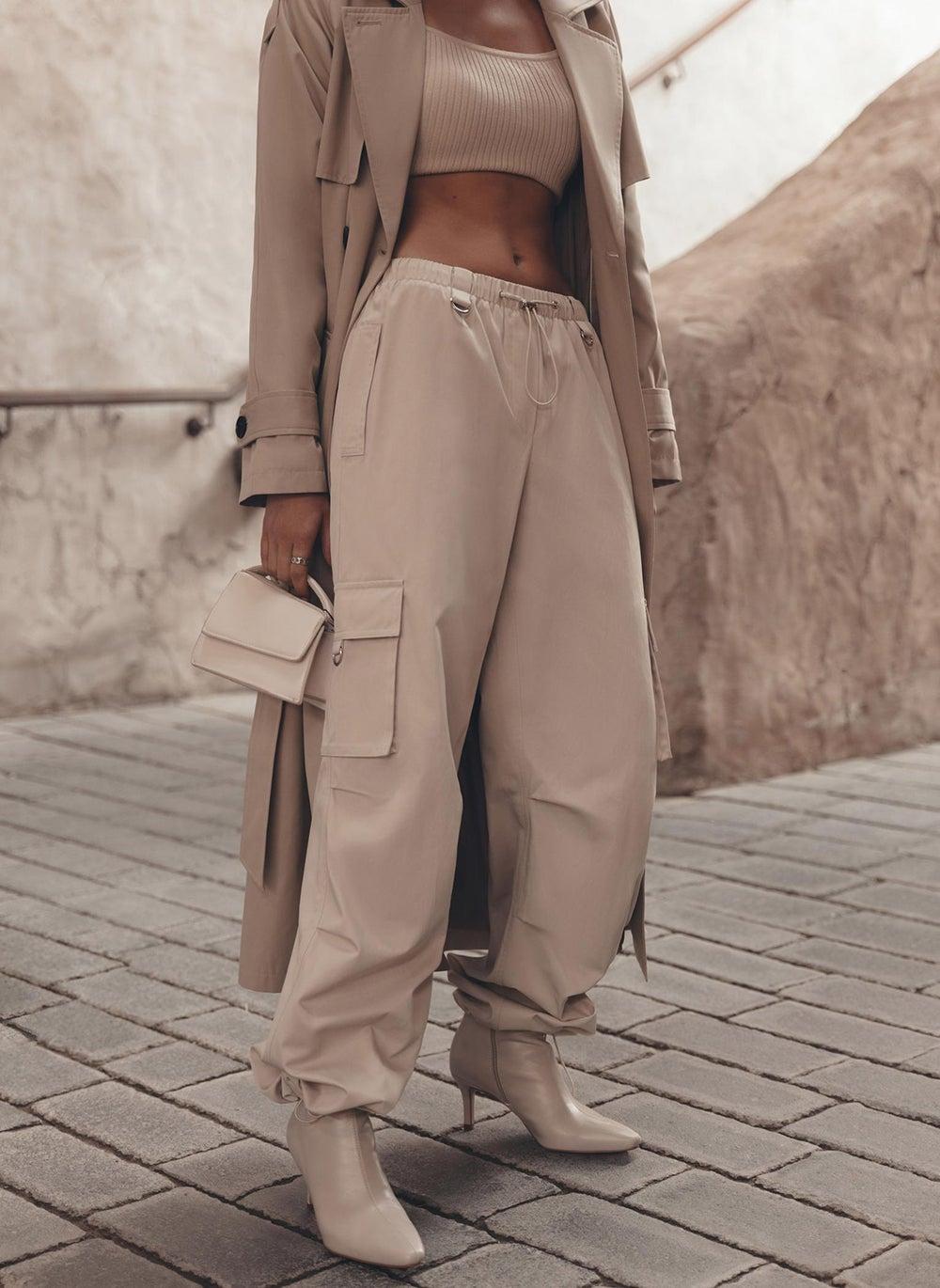 Beige Wide-Leg Cargo Trousers with Elastic Cuffs - Image 1