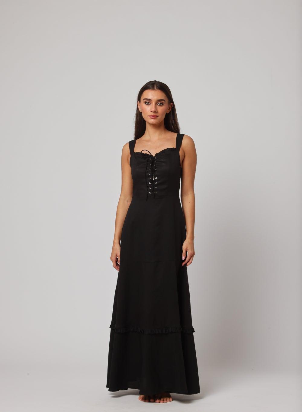 Black Lace-Up Maxi Dress with Ruffle Hem - Image 1
