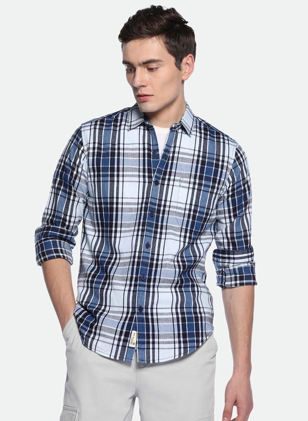 Mid Blue Checkered Cotton Slim Fit Men’s Shirt - Image 1