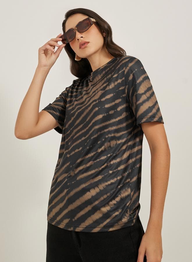 Styli Animal Print Brown Crew Neck T-Shirt - Image 1