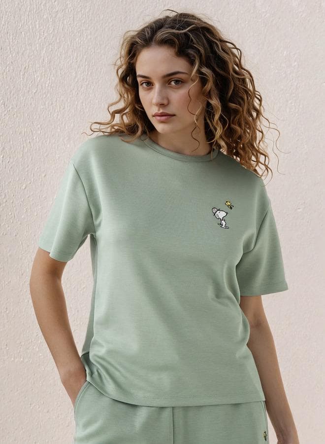 Snoopy Embroidered Green Crew Neck T-Shirt - Image 1
