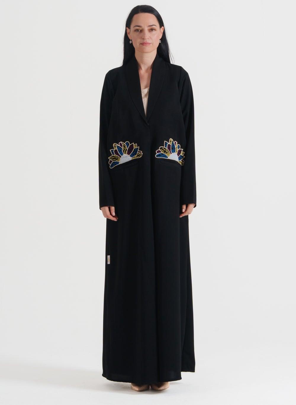 Black Embroidered Blazer Abaya Lulu Pocket 58" - Image 1