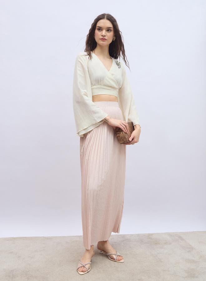 Beige Pleated Flared Maxi Skirt – Mid Rise Elegance - Image 1