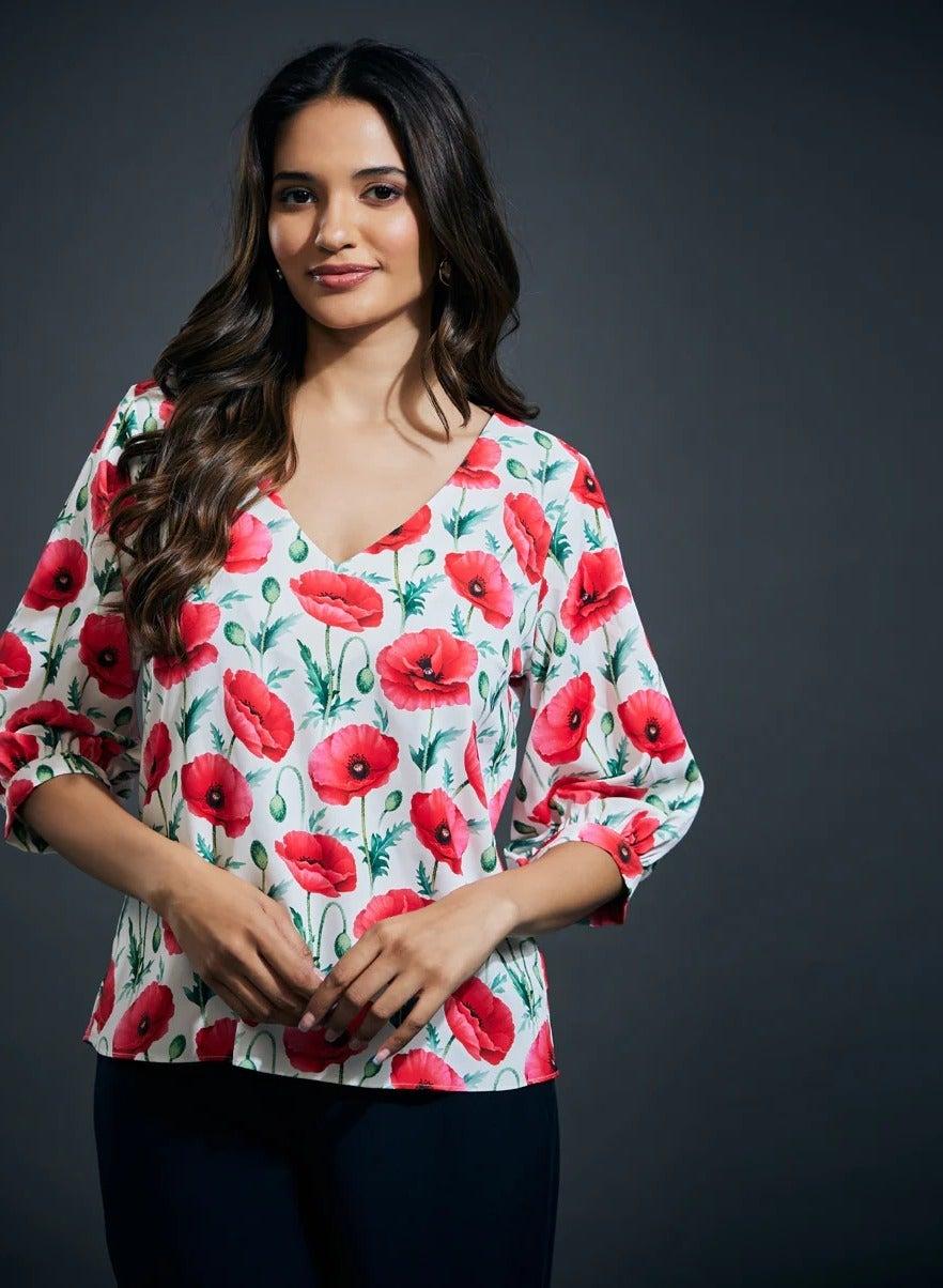 Floral V-Neck Half Sleeve Top for Women - Image 1