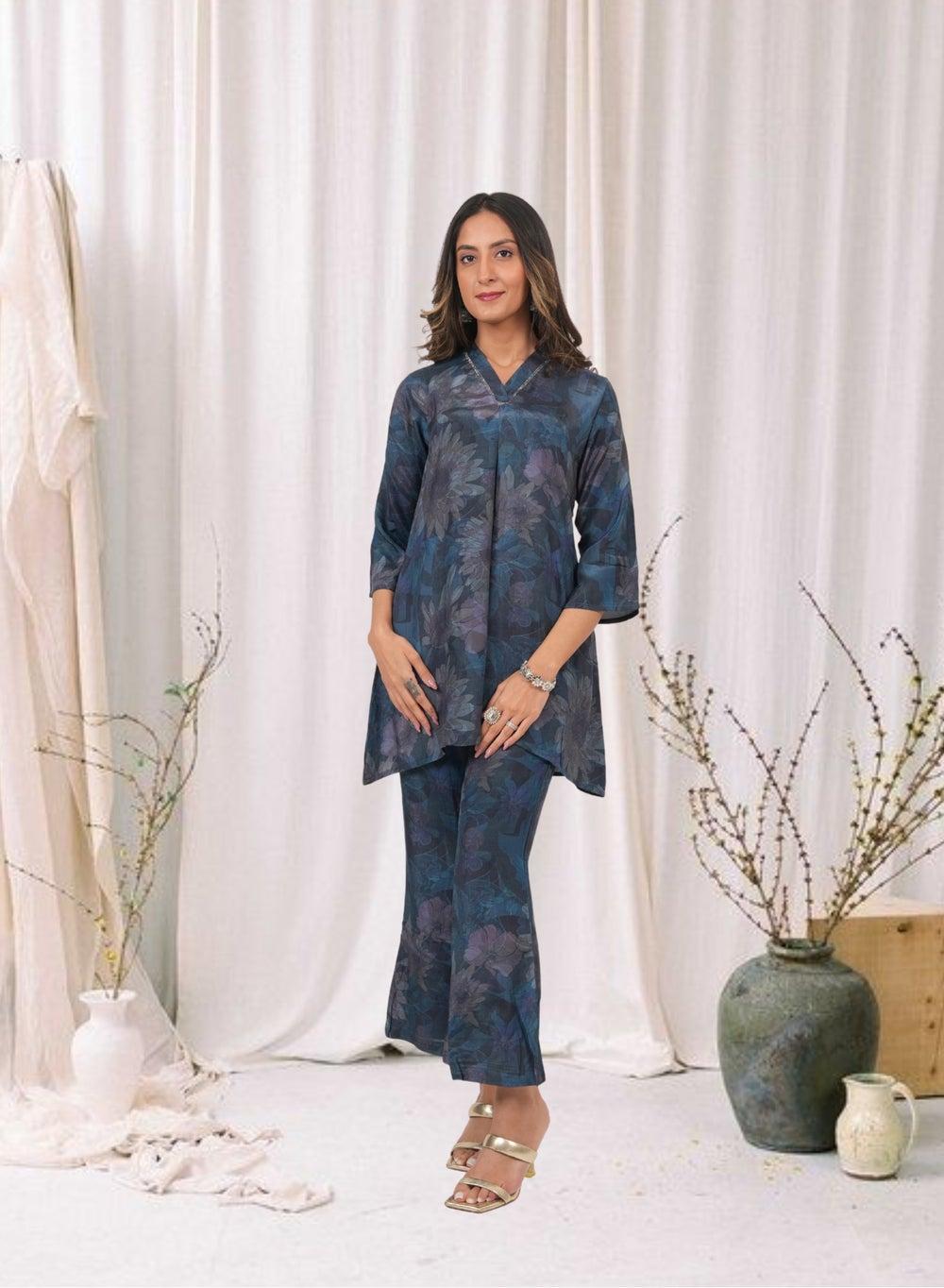 Midnight Bloom Navy Floral Kurta Pant Co-Ord Set - Image 1