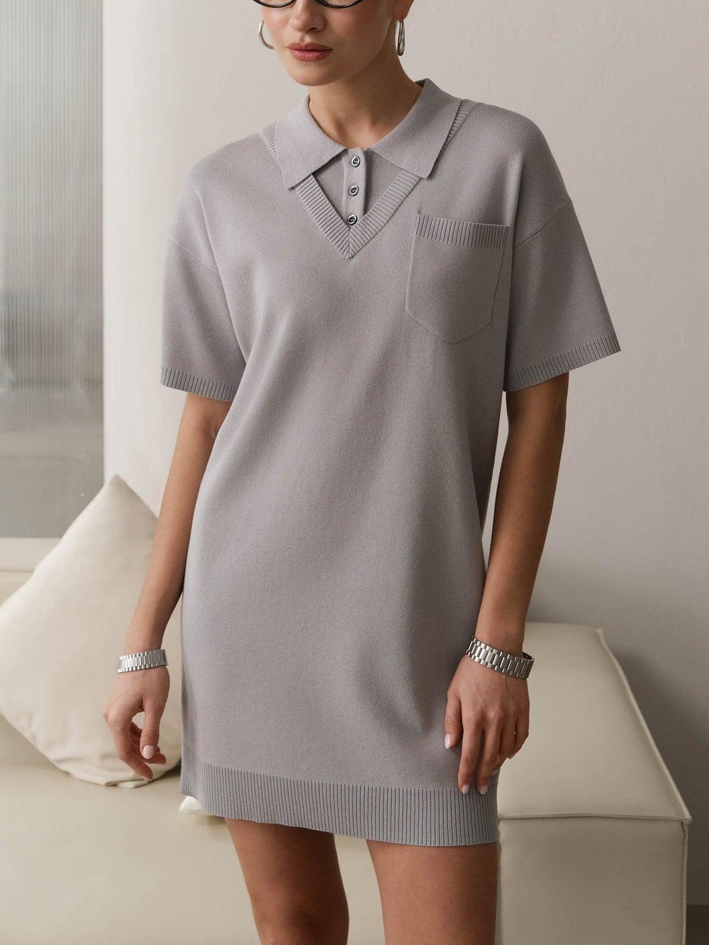 Grey Ribbed Knit Mini Polo Dress - Image 1