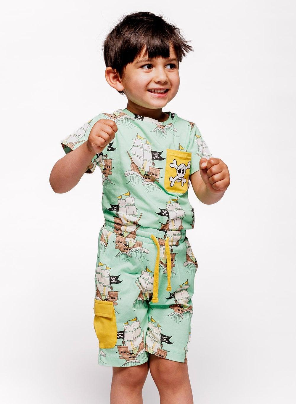 Organic Pirate Ship Kids T-Shirt Mint Green - Image 1