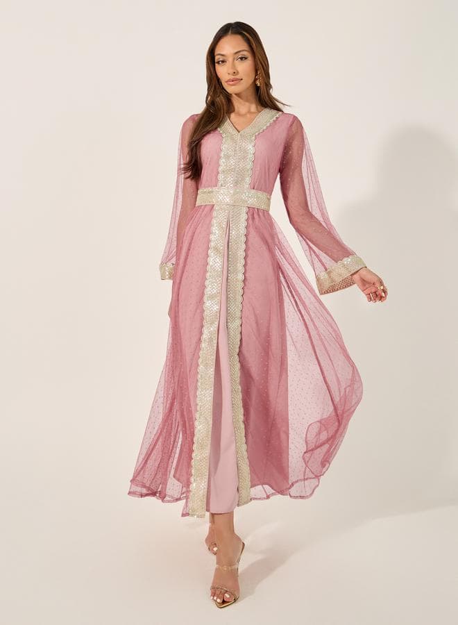 Light Pink Lace Trim V-Neck Belted Kaftan 7010658447 - Image 1