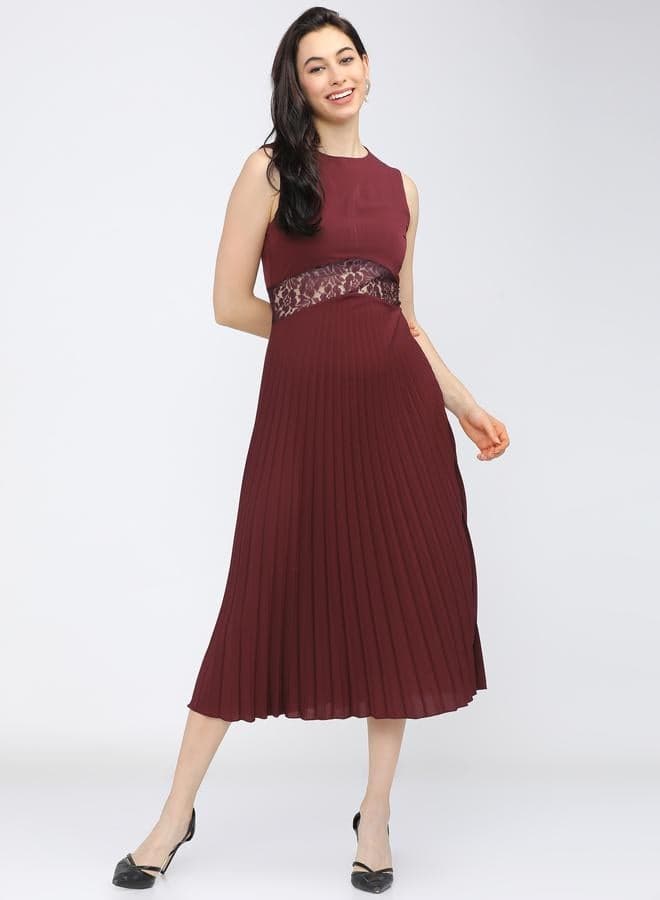 Burgundy Lace Panel Pleated A-Line Midi Dress 7008786619 - Image 1