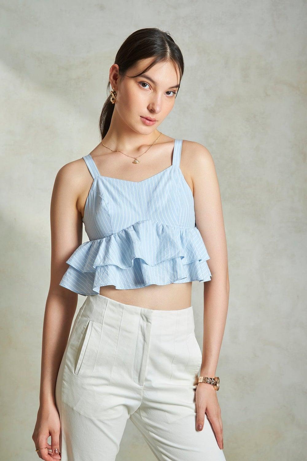 VIRGIO Cotton Striped Frill Hem Cami Top Blue - Image 1
