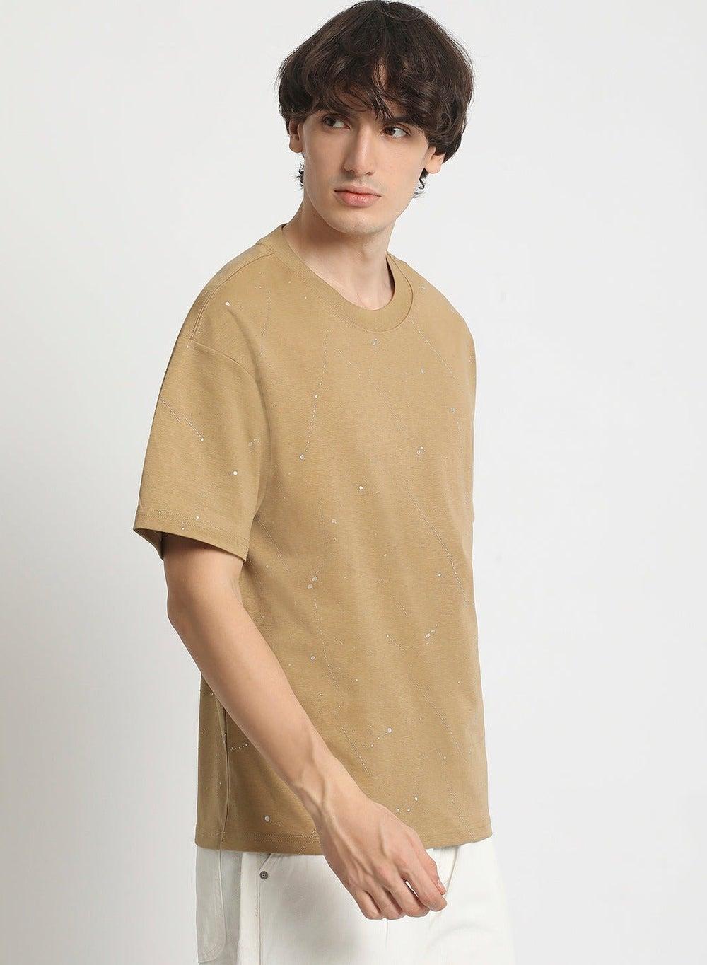 Men’s Beige Cotton Graphic T-Shirt Classic Crew Fit - Image 1