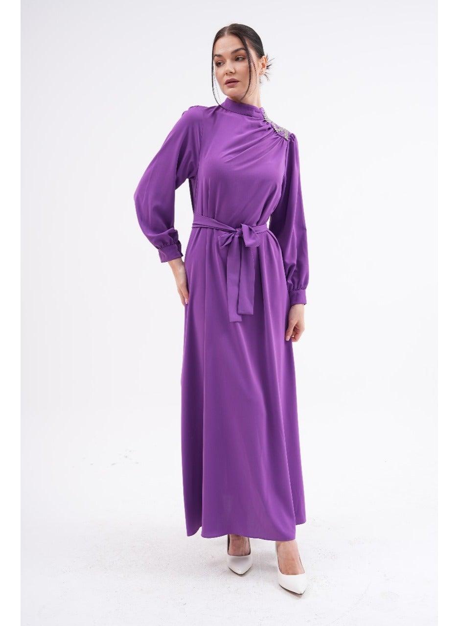 Belted Purple Evening Dress with Beaded Shoulder Detail - Image 1