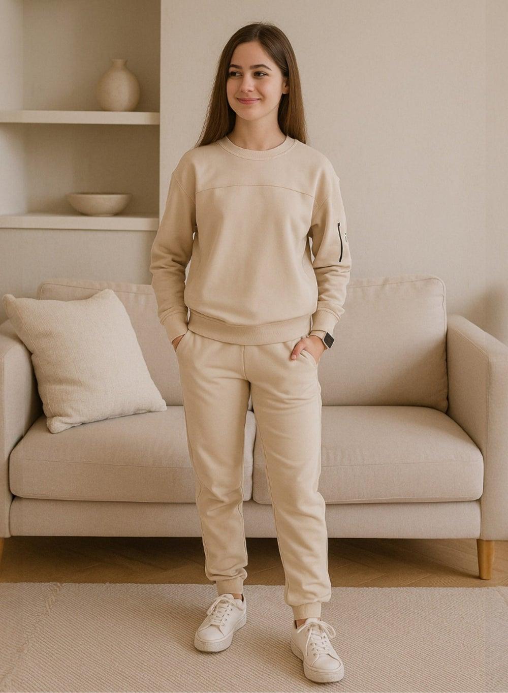 Girls Beige Cotton Comfy Fit Tracksuit Set - Image 1