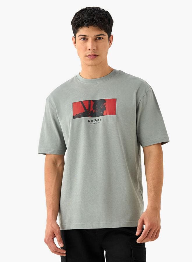 Grey Printed Crew Neck Cotton Blend T-Shirt - Image 1