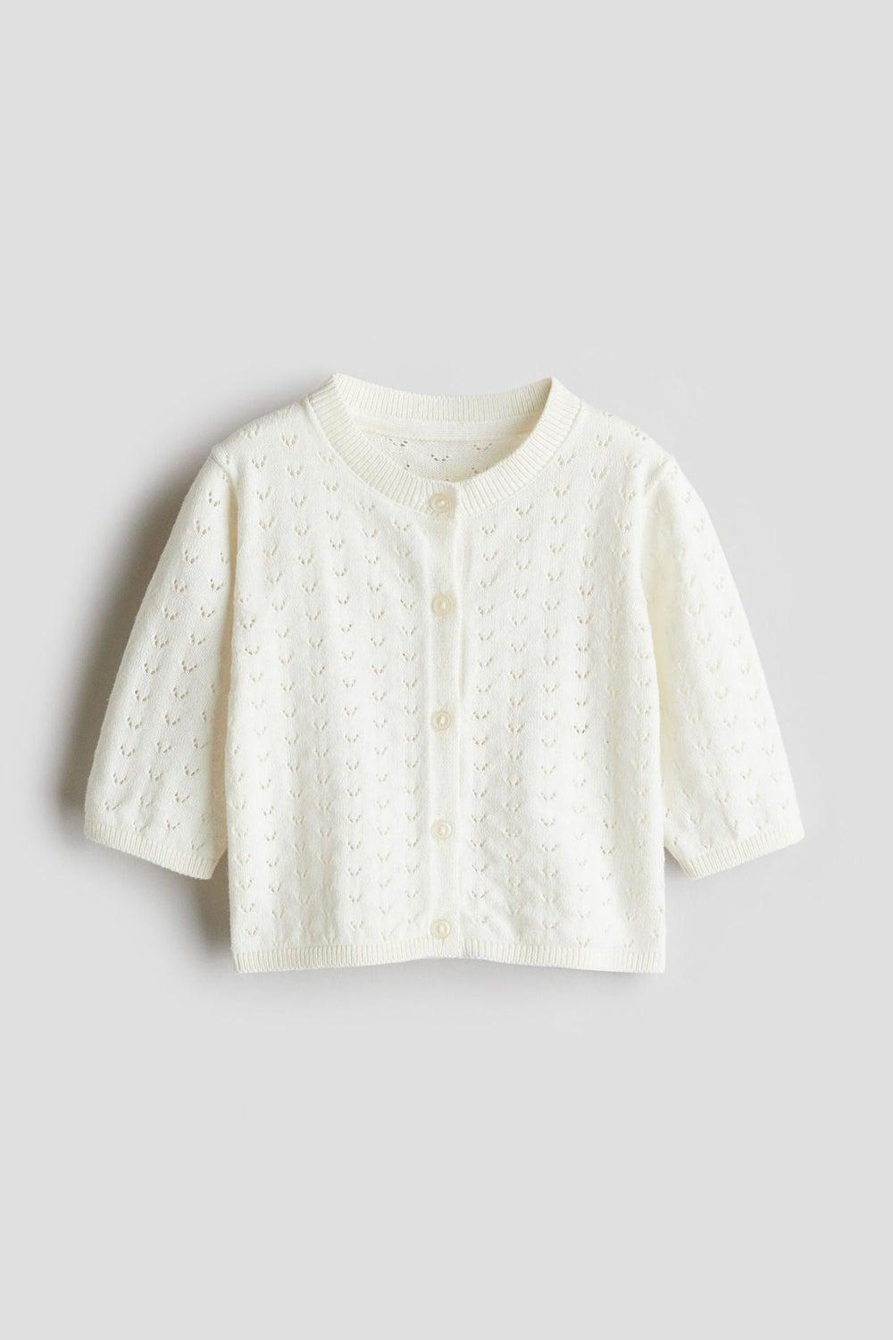 Cream Pointelle Knit Cotton Baby Cardigan - Image 1