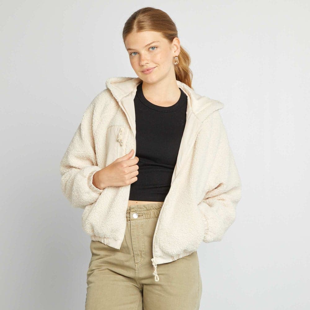 Girls Beige Sherpa Hooded Jacket - Image 1