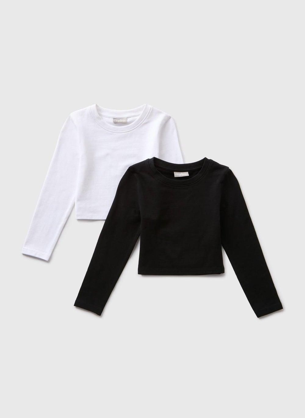 2 Pack Girls Monochrome Cotton Long Sleeve T-Shirts - Image 1