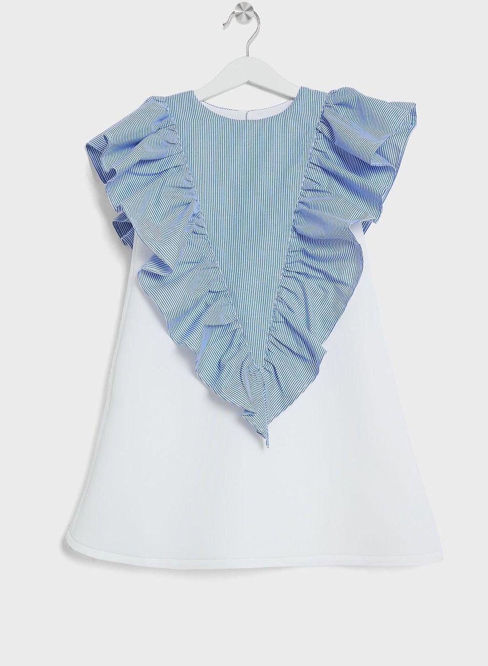 Girls White Dress with Blue Striped Ruffle Detail - Image 1
