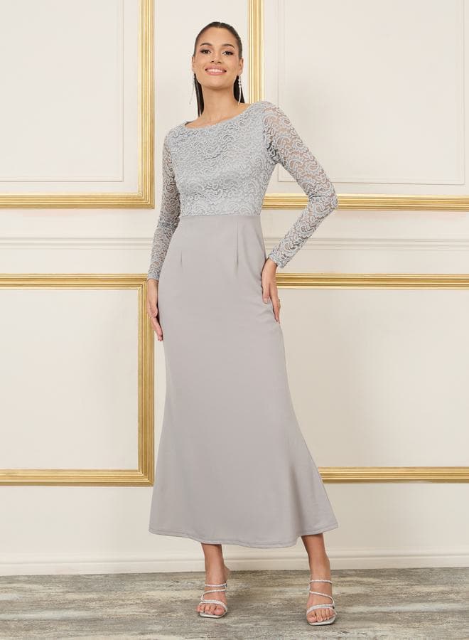 Styli Lace Detail Grey Maxi Mermaid Dress 7007324936 - Image 1