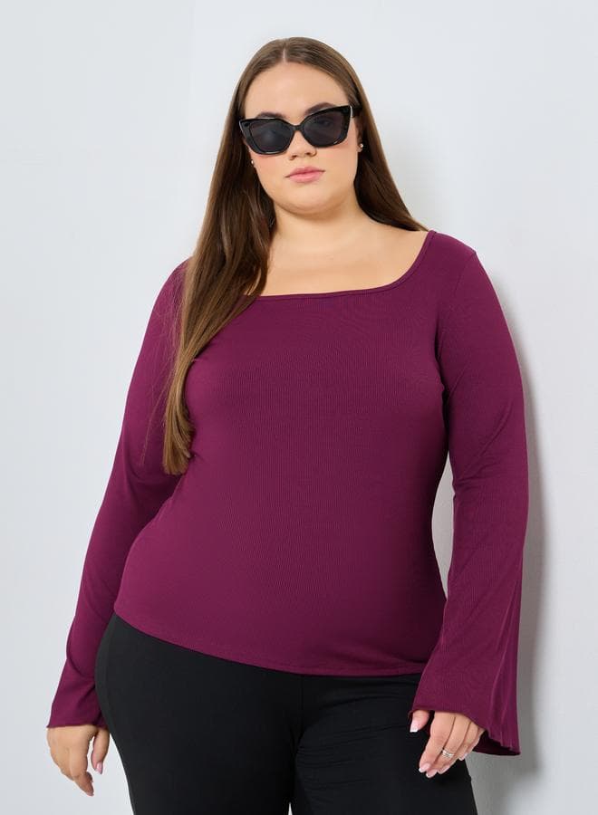 Styli Plus Size Burgundy Ribbed Square Neck Top - Image 1