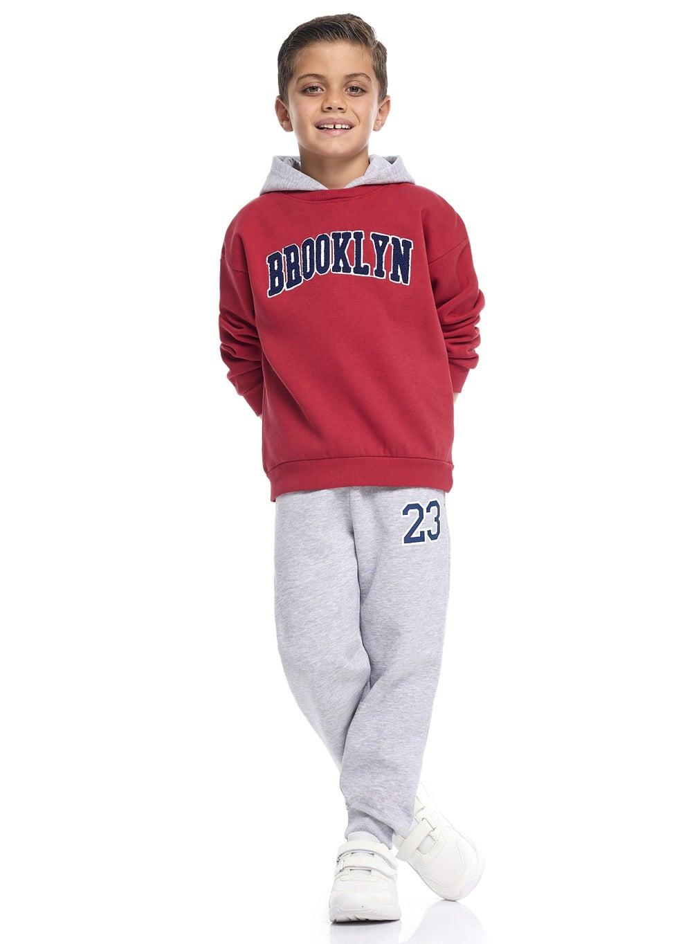 Brooklyn Boys Fleece Tracksuit Set Maroon Grey - Image 1