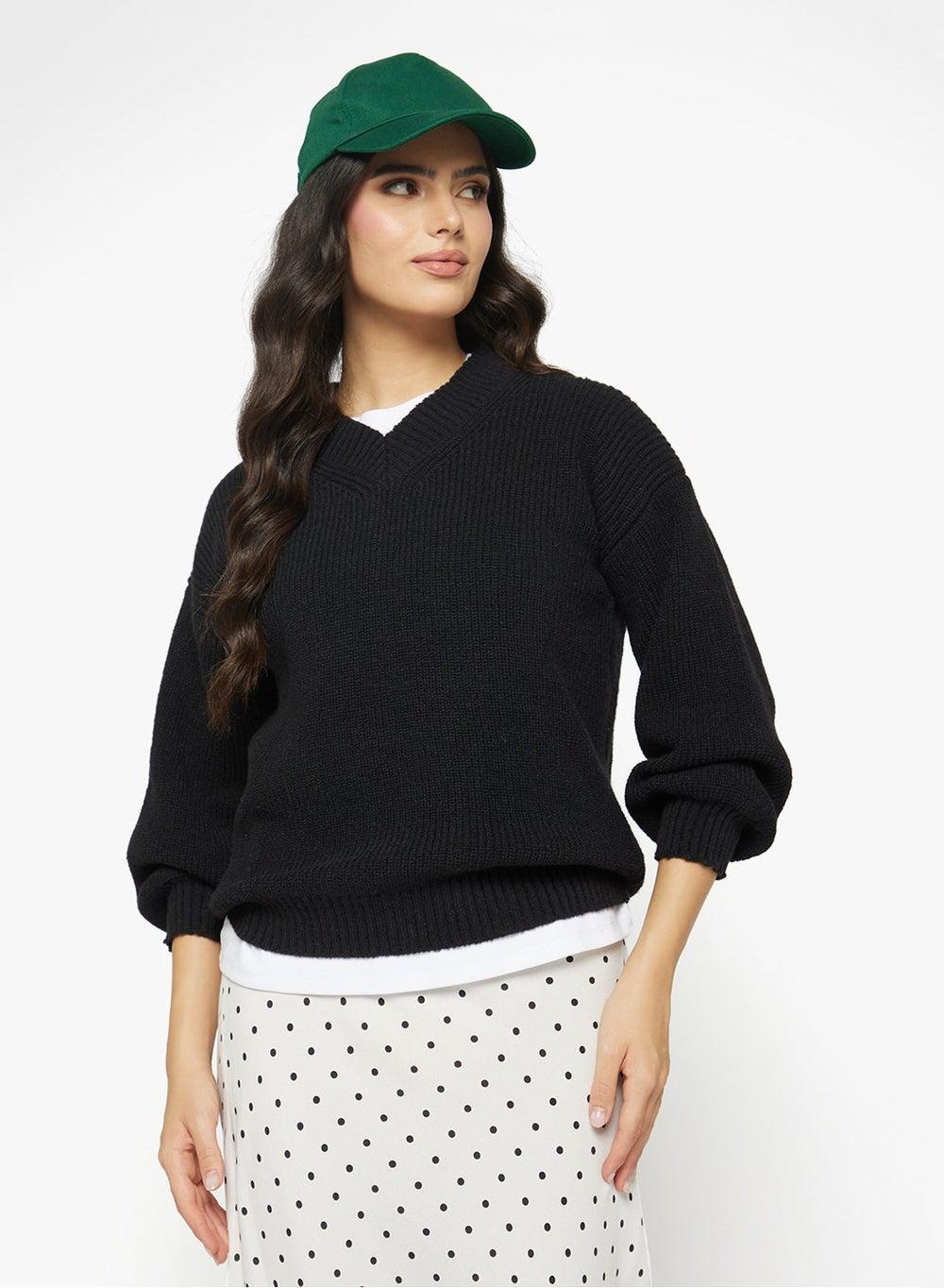 V Neck Ribbed Jumper Y250520005 Black - Image 1