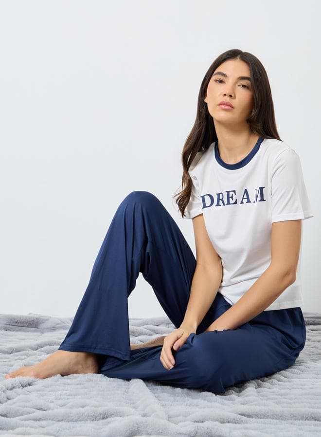 Take Two Contrast Trim Slogan Pyjama Set - Image 1