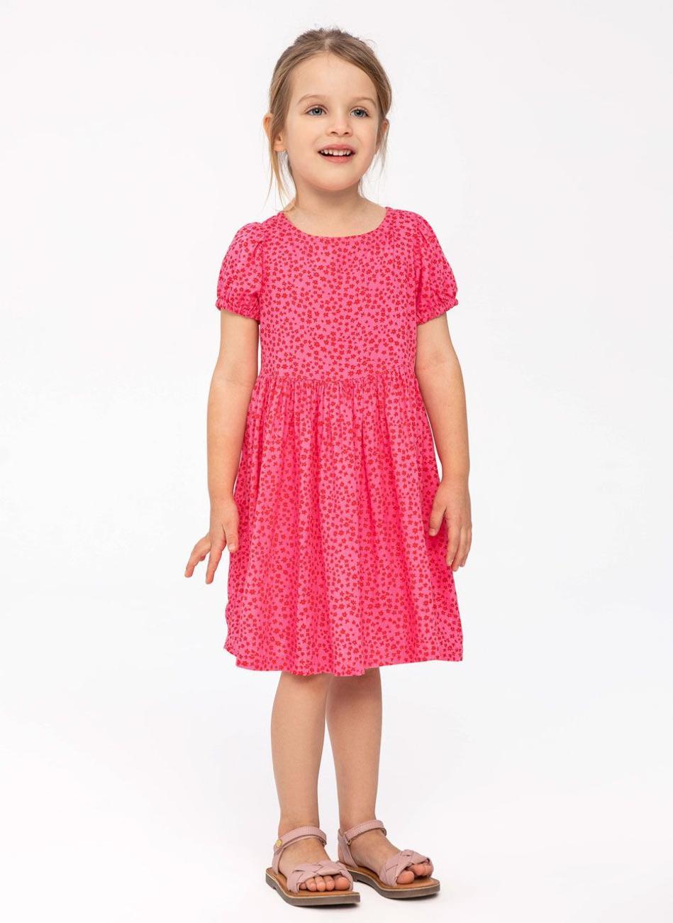 Girls Pink Printed Viscose Dress with Elasticated Sleeves - Image 1