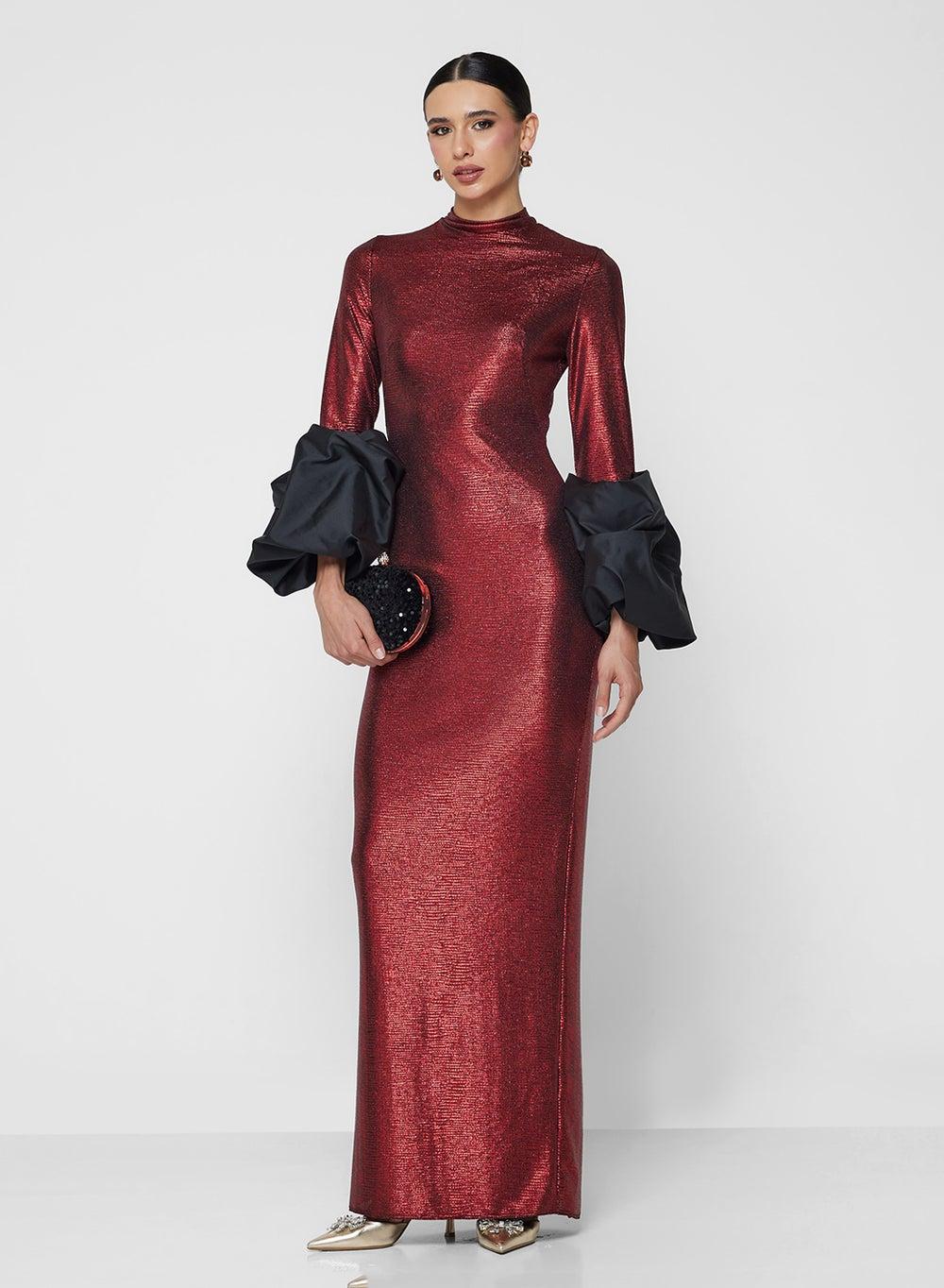 Metallic Red Bodycon Maxi Dress Kh864 Statement Sleeves - Image 1