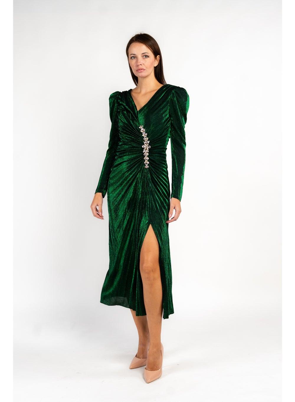 Bottle Green Draped Midi Dress with Crystal Brooch - Image 1