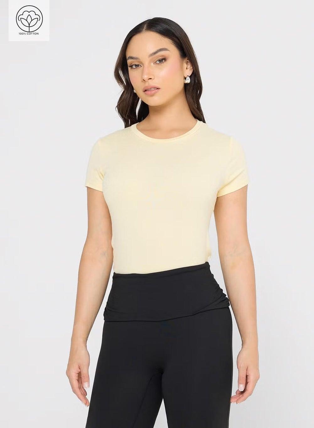 Yellow Cotton Blend Crew Neck Fitted T-Shirt Gb2401 - Image 1