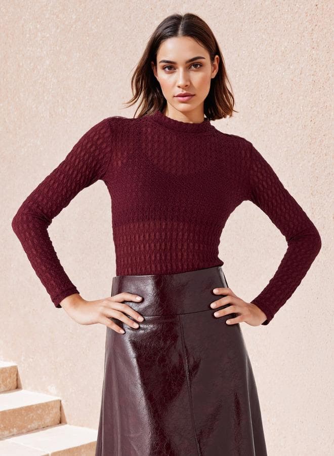 Iconic Textured High Neck Fitted Top in Red - Image 1