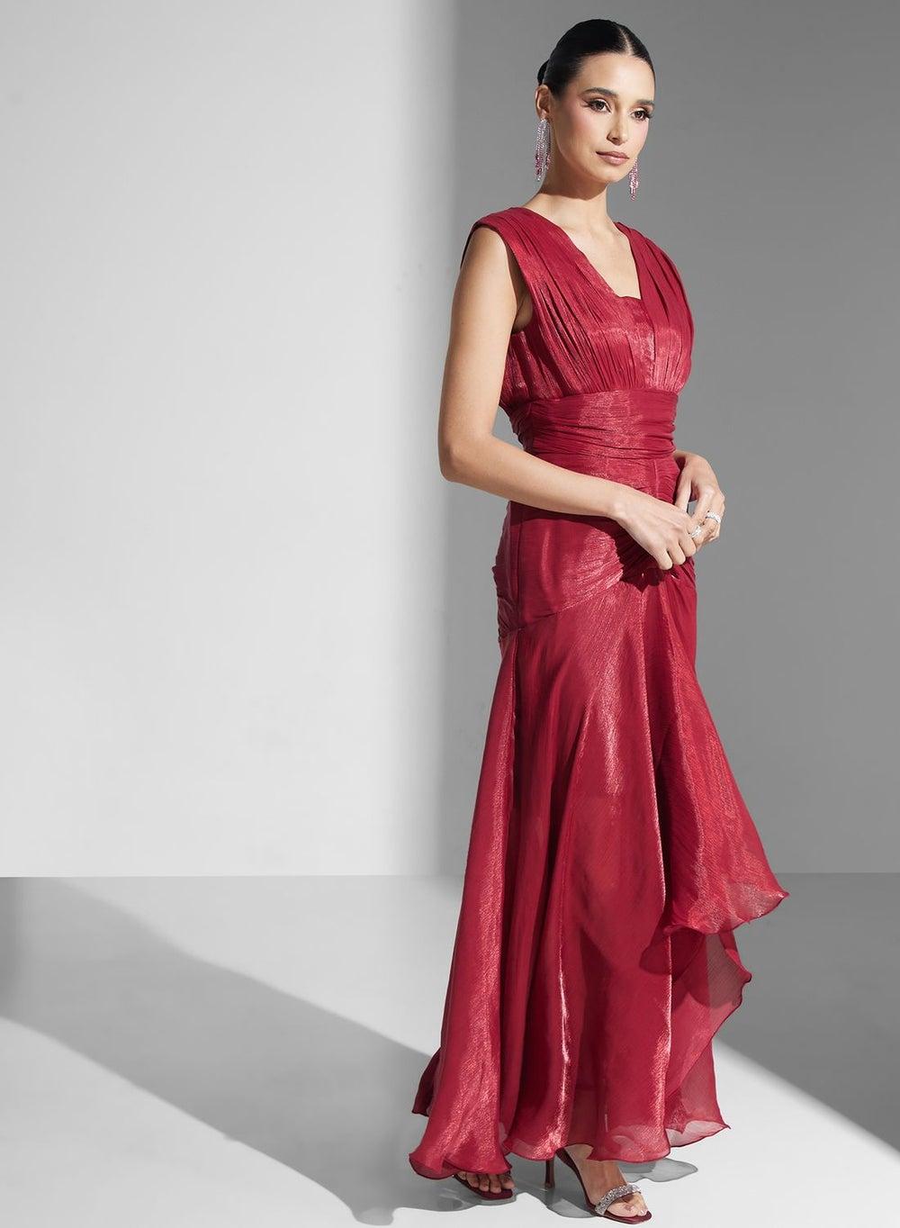 Nac 70 Shimmering Burgundy Maxi Wrap Dress - Image 1