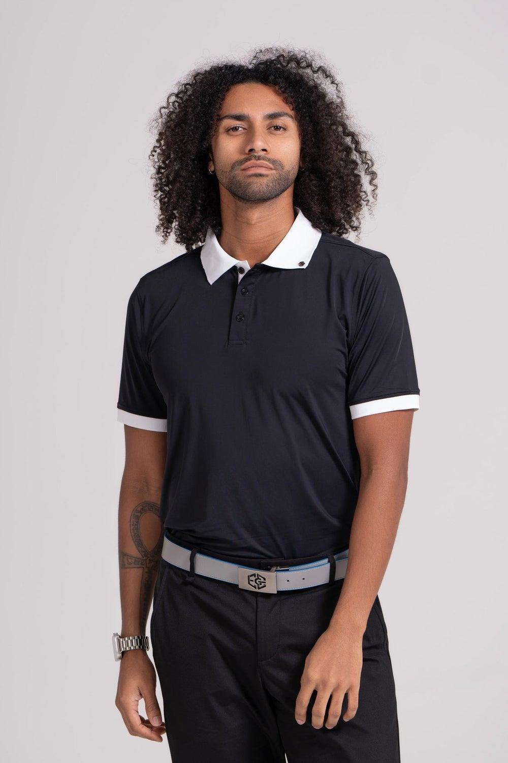 Men’s Black Golf Polo with White Collar Trim - Image 1