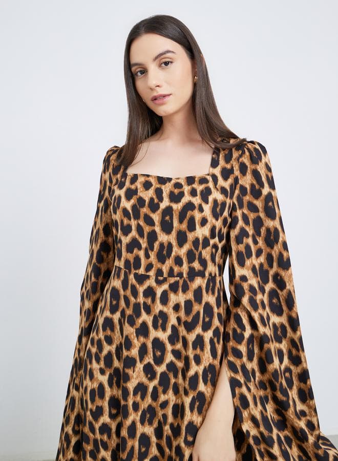 Leopard Print Square Neck Midi Maxi Dress - Image 1