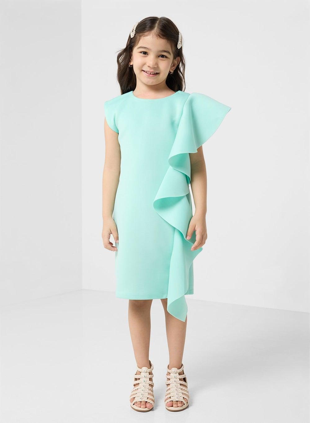Girls Mint Ruffle Sleeve Mini Dress - Image 1