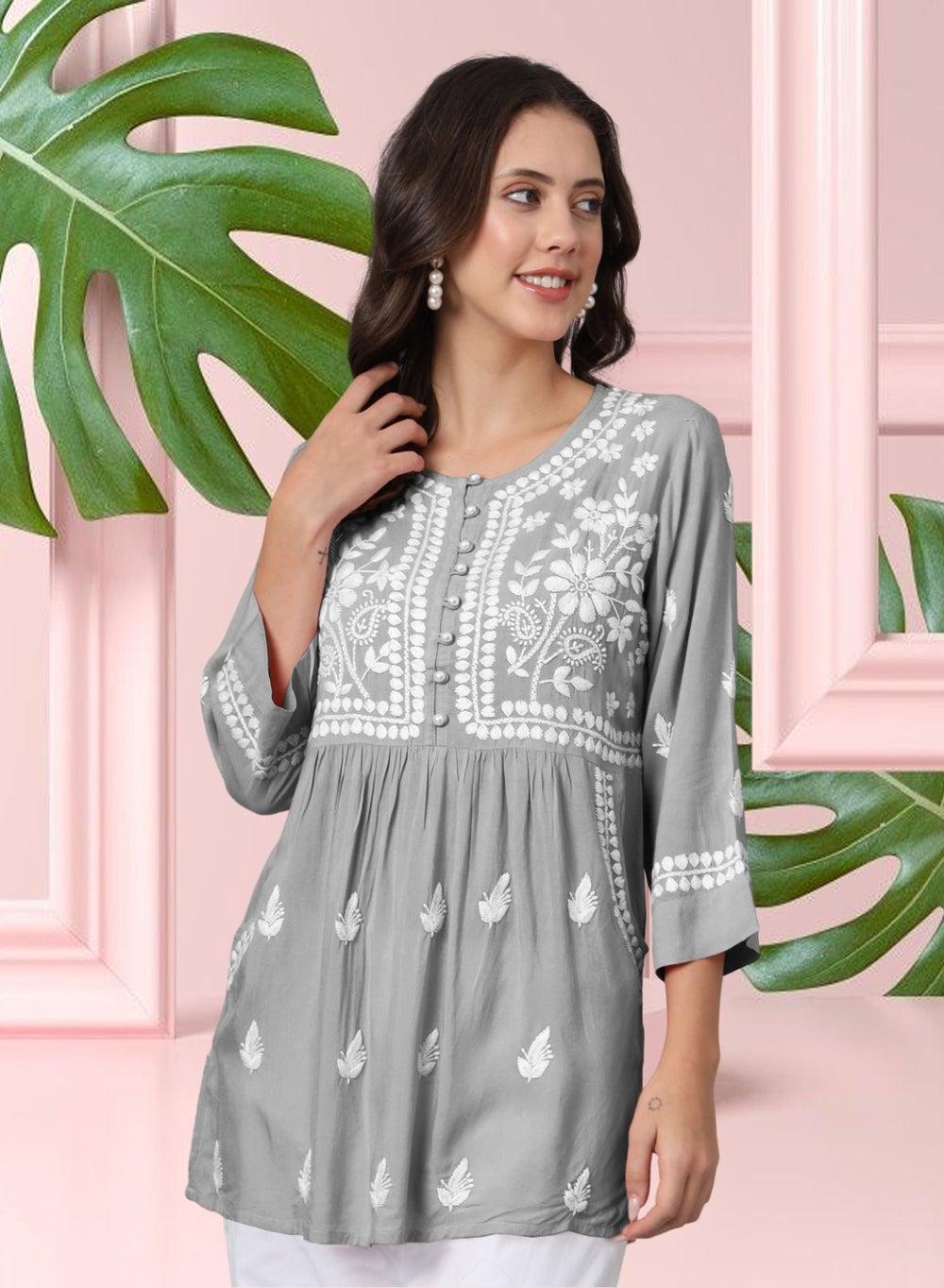 Grey Chikankari Rayon Kurti AL3696 Classic Elegance - Image 1