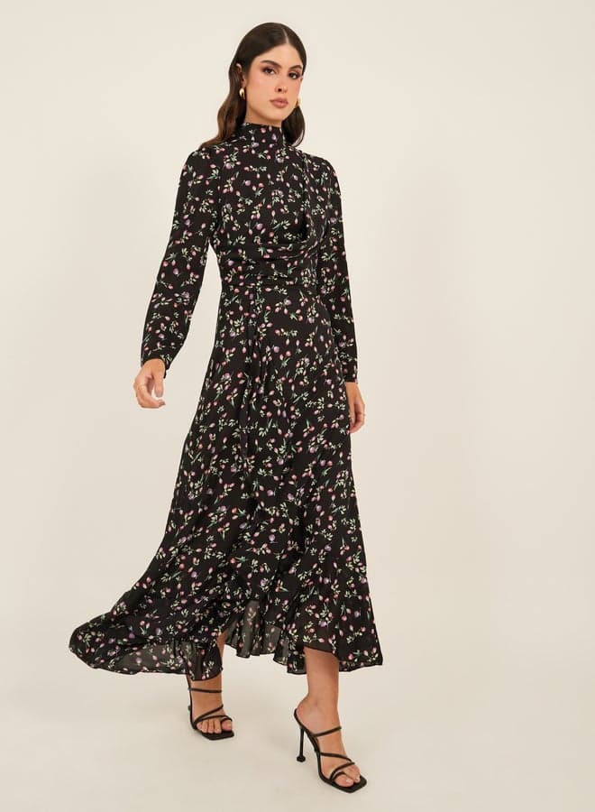 7011187701 Black Floral High Neck Maxi Dress - Image 1