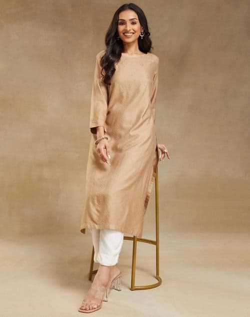 Beige Viscose Silk Embroidered Long Kurta - Image 1