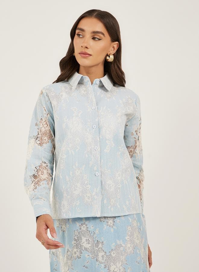 Styli Lace Boxy Floral Buttoned Top 7011896003Blue - Image 1
