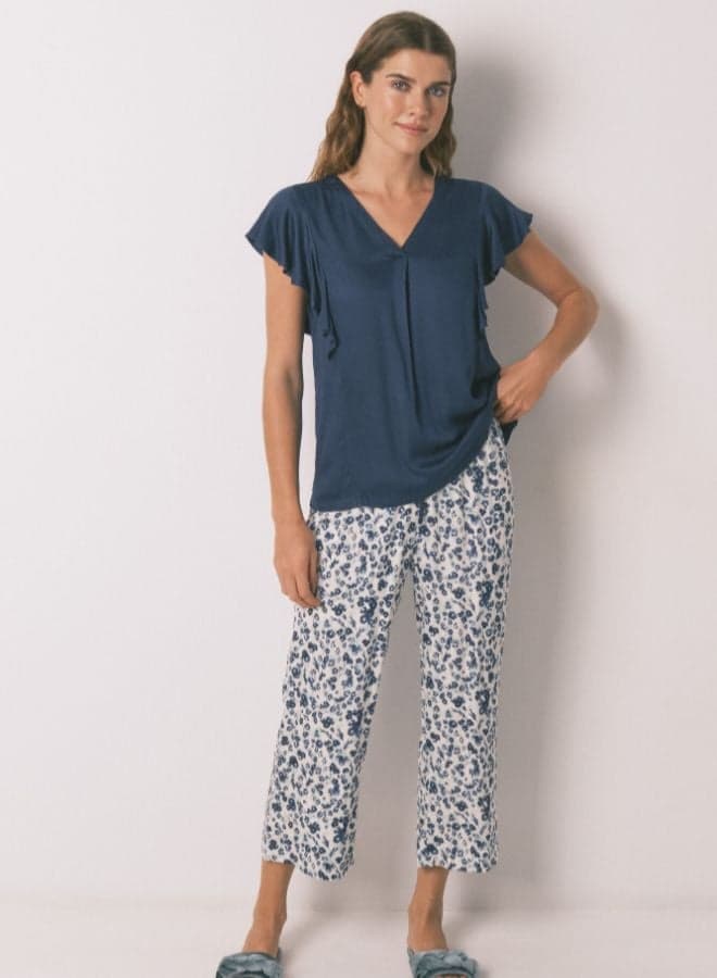 Blue Floral Viscose Capri Pyjama Set 359243319 - Image 1