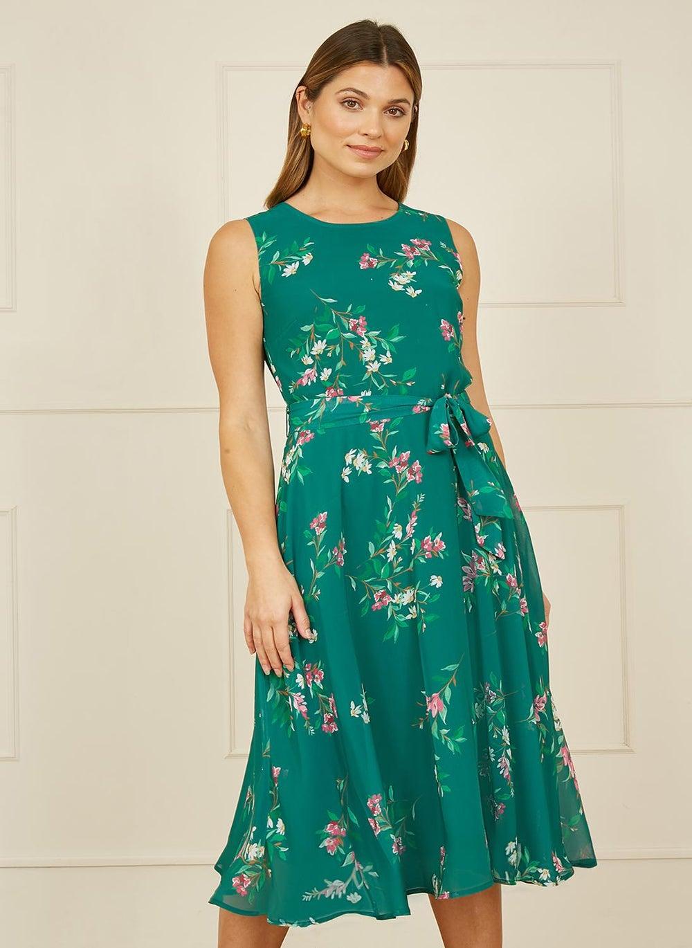 Emerald Floral Midi Dress with Tie Waist - Image 1