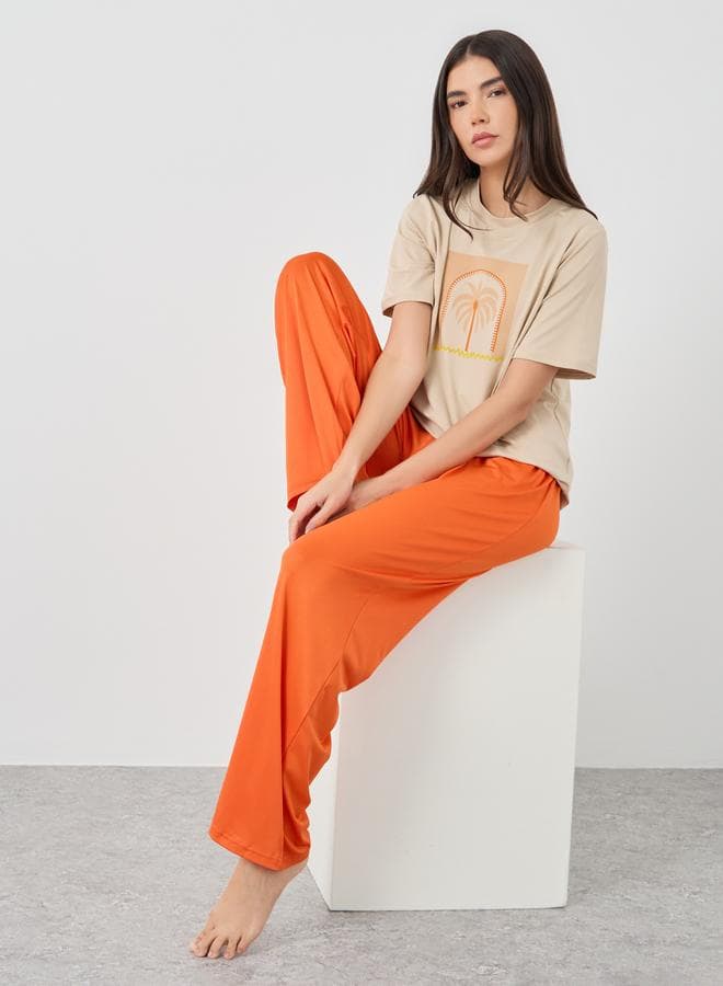 Orange Graphic Print Pyjama Set Short Sleeve - Image 1