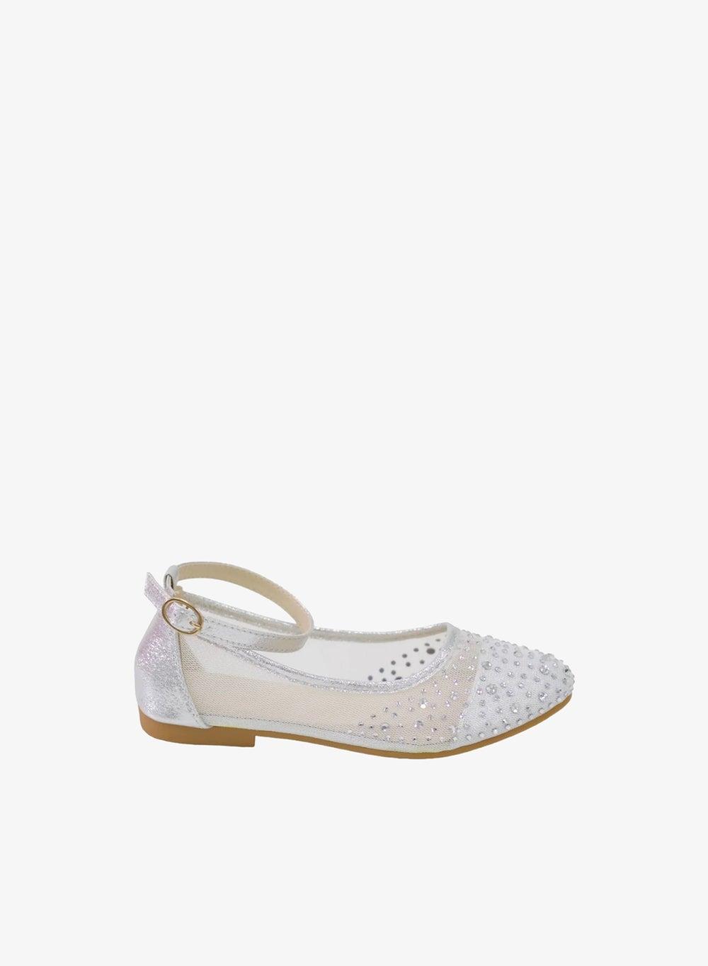 Lemia Girls Netted Ballerina Diamond Silver Flats - Image 1